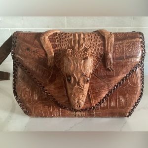 Vintage Genuine Baby Alligator Taxidermy Purse Brown Leather Handbag 1960s
